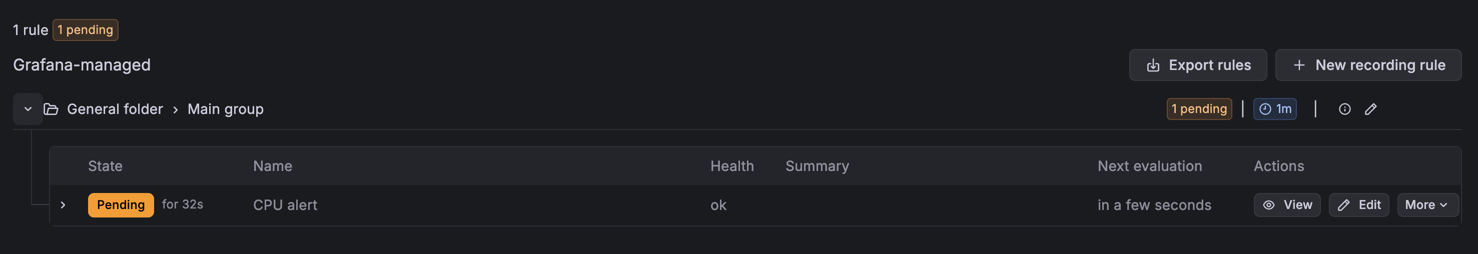 Alert rules list showing pending state