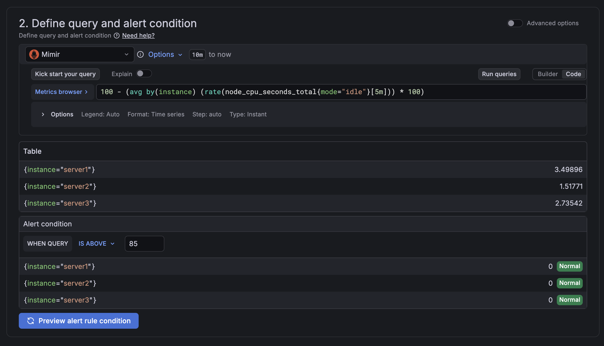 Alert rule with CPU query and threshold